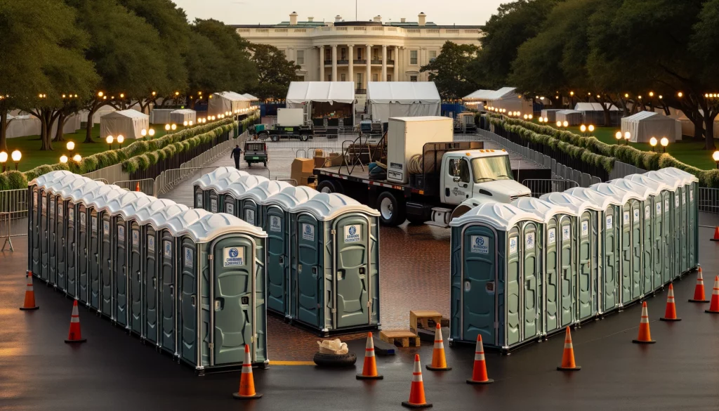Festival porta potty bank with barricades in Bethlehem, Pennsylvania